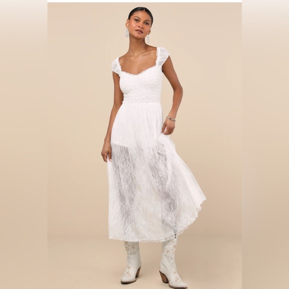 Lulus Dresses & Skirts - NWT Lulus White Sheer Lace Midi Dress | Size Small